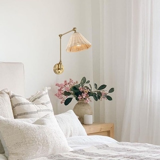 WINGBO Adjustable Swing Arm Wall Sconce with Neutral Beige Rattan Shades