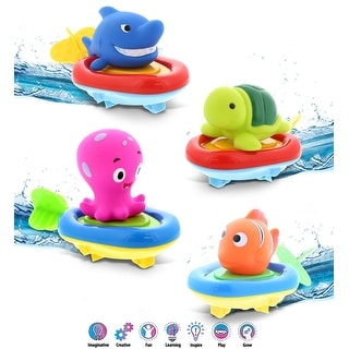 DolliBu Sea Life Boat Racers Bundle Set of 4 - Bath Toy Pull & Go - Multicolor - 3x2.25x1.75 inches.