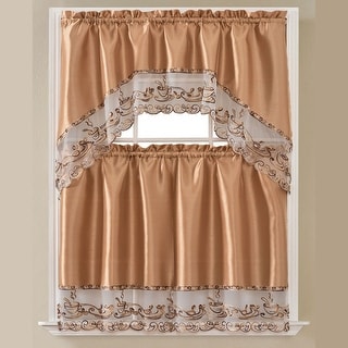 Natasha 3-Piece Coffee Embroidered Kitchen Curtain Set With Swag Valance, Brown, 60x36
