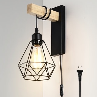 Plug-in Wall Sconces Wood Wall Light Fixture Black Wall Lamp 1-Light