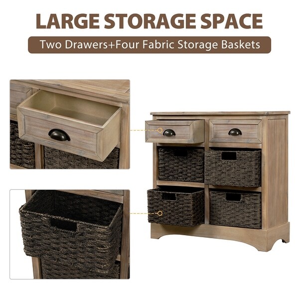 Storage Kitchen Cabinet with 2 Drawers and 4 Rattan Basket