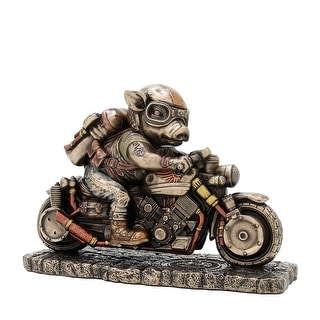 Speed Bacon Steampunk Pig On Motorcycle Bronze Finished Statue - 4.5 X 6.25 X 2.75 inches