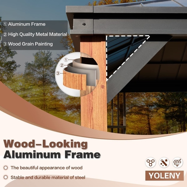 EROMMY 12' x 14' Hardtop Gazebo Faux Wood Grain Metal Gazebo with Storage Shelves, Aluminum Frame, Galvanized Iron Roof