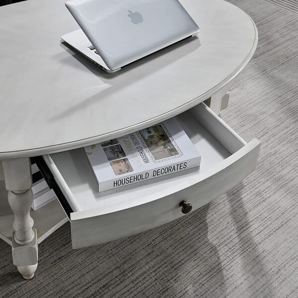 Solid Wood Oval Coffee Table with Drawer and Storage Shelf