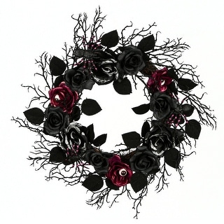 22" Halloween Black Rose Wreath - 22 in