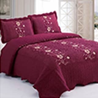 3PCS Lightweight Quilt Bedspread Set Embroidery Queen Burgundy