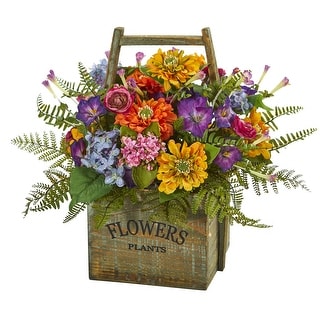 15" Mixed Artificial Floral Arrangement in Wood Basket - Multi