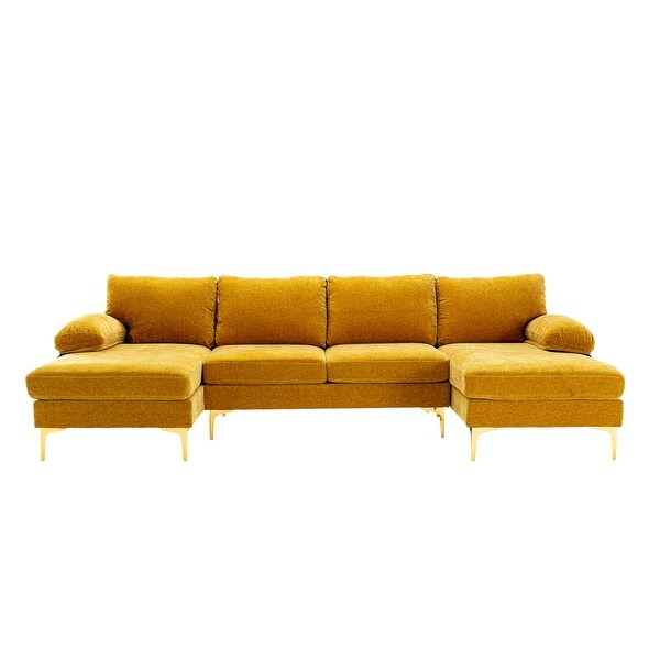 Modern U-shaped Fabric Upholstered Sofa Sectional Sofa Living Room Pillow Top Arms Sofa with Chaise & Gold Metal Feet Support