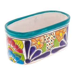 Novica Handmade Oblong Hacienda In Teal Ceramic Flower Pot