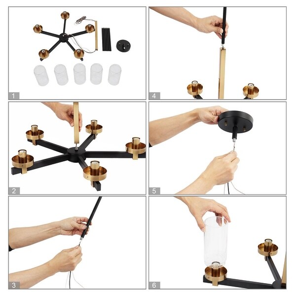 Yilia Modern 5-Light Black Gold Chandelier Glass Pendant Lights for Dining Room - 22" D x 15" H