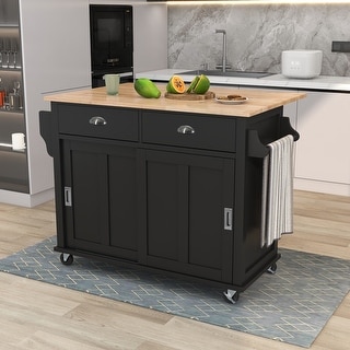 Kitchen Cart Rubber Wood Drop-leaf Countertop Kitchen Island with Storage Cabinet
