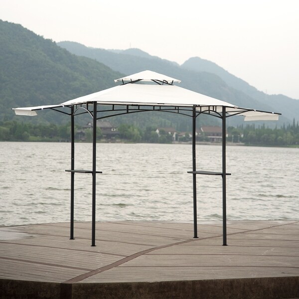 13Ft.Lx4.5Ft.W Steel Double Tiered Backyard Patio BBQ Grill Gazebo with Bar Counters&Extendable Shades, White