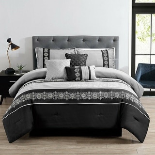 7 Piece Comforter Set Embroidered Design Microfiber Queen Grey Black