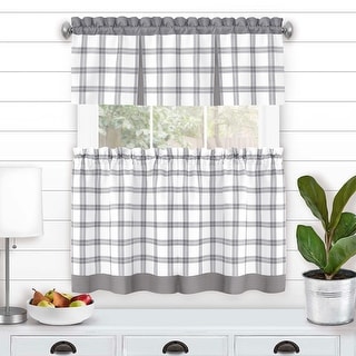 Tate Printed Windowpane Plaid Kitchen Curtain and Valance Set, Tiers 55x36, Valance 56x13 Inches