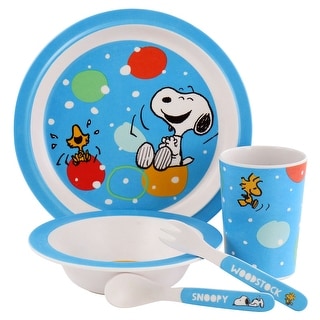 Peanuts Fun Times 5 Piece Kid's Bamboo Melamine Dinnerware Set in Blue - 5 Pieces