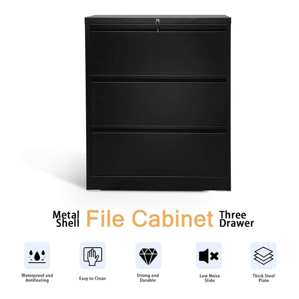 AOBABO 3 Drawer Lateral File Cabinet w/ Lock for Letter/Legal Size Paper, Black