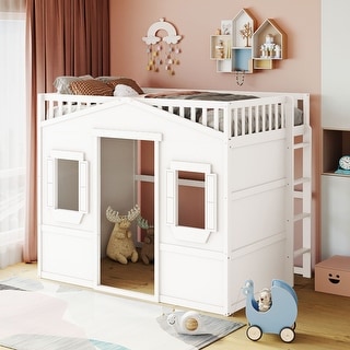 58" Full Size House Loft Bed with Ladder, Solid Wood Slats Supports, Plenty of storage, Make Kids Living in a Fairytale Story