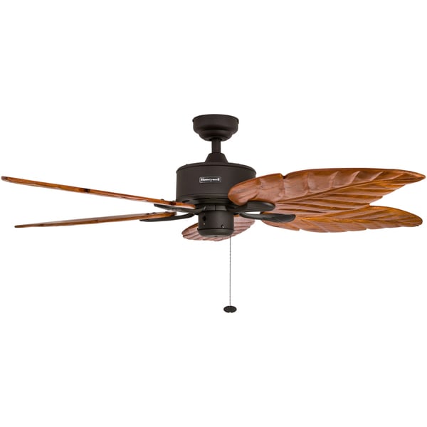 Honeywell Sabal Palm Tropical Ceiling Fan w/ Sunset Bowl Light, Five Hand Carved Wooden Leaf Blades, Bronze - 52-inch