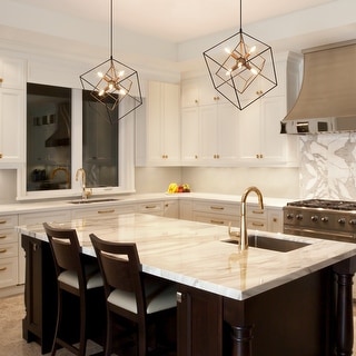 Modern 6-Light Black Gold Lantern Chandelier Geometric Island Lights for Dining Room - D21.6'' x H83.5''