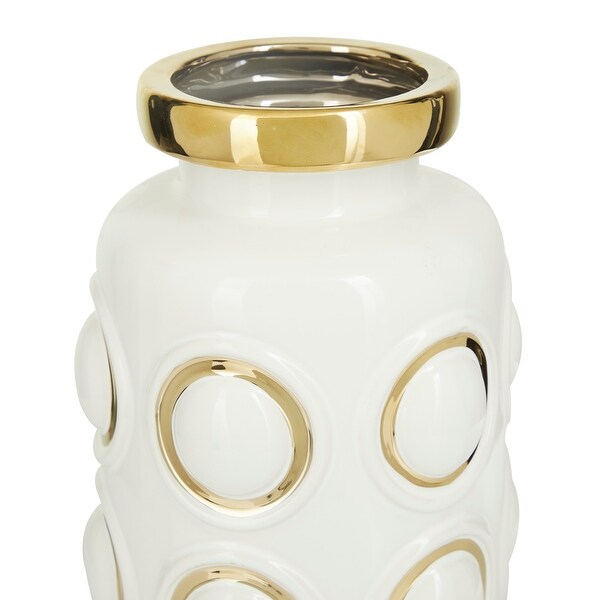 White and Gold Circles Stoneware Glam Contemporary Vase