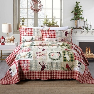 3 Piece Christmas Quilt Rustic Cabin Bedspread Set Snow Man King
