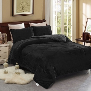 3 Piece Sherpa 2 Shams Thick Warm Soft Bedding King Black