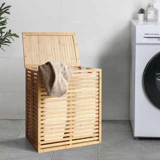 VEIKOUS Bamboo Hamper Laundry Basket with Lid and Removable Liner Bag - 22''W x 25.3''H x 14''D