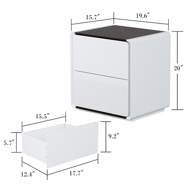 White Modern LED Nightstand High Gloss Bedside Tables with 2 Drawers