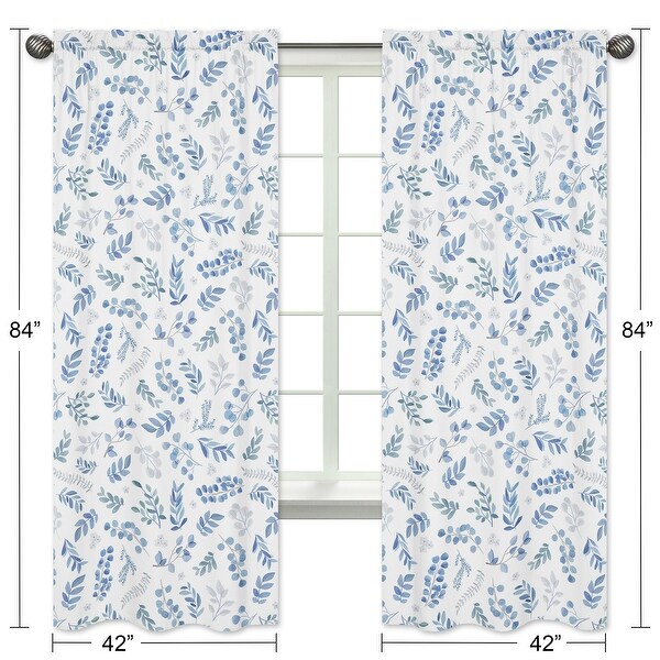 Floral Leaf 84in Window Treatment Curtain Panel Pair - Blue Grey White Boho Watercolor Botanical Flower Woodland Tropical Garden