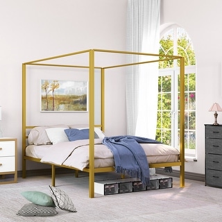 King/Queen Gold Metal Canopy Platform Bed Frame