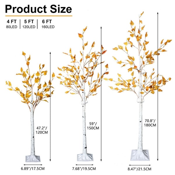 3 Piece Lighted Trees Set, Christmas Holiday Party Decorations Pre-Lit White Birch Tree LED Lighted Trees with Maple Leaves