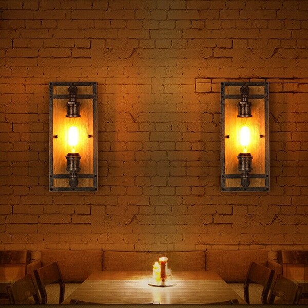 Rustic Industrial Wooden and Iron Flush Mount Wall Light Sconce