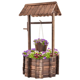 Outdoor Wishing Well Planter, Wooden Rustic Flower Planter w/Hanging Bucket, Outside Decorations