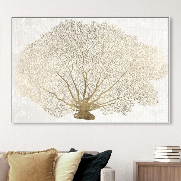 Oliver Gal Nautical and Coastal Wall Art Framed Canvas Prints 'Gold Coral Fan' Marine Life - Gold, White