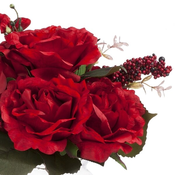 Enova Home Artificial Mixed Fake Silk Roses Flowers Arrangement in Glass Vase with Faux Water and River Stone for Home Decor