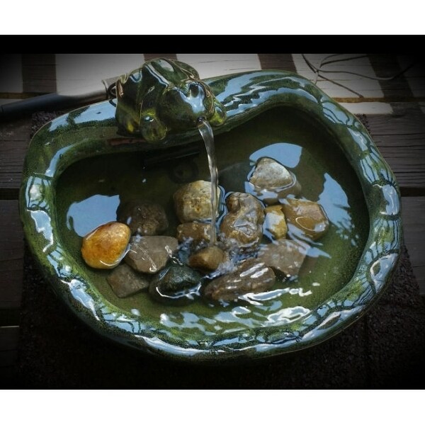 Green Glazed Ceramic Fountain Bird Bath with Frog and Solar Pump - 14.6W x 7.1D x 5H in.