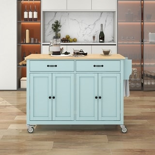 Kitchen Island Cart with 4 Door Cabinet 2 Drawers 2 Locking Wheels - Solid Wood Top, Adjustable Shelves, Spice & Towel Rack