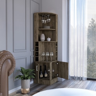 Corner Bar Cabinet, Eight Bottle Cubbies, Double Door, Two Open Shelves