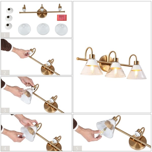 Seticy Modern Transitional Gold 3-Light Bathroom Vanity Lights Linear Glass White Shade Dimmable - L 21"* W 7"* H 7"