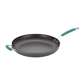 Rachael Ray Cucina Hard-Anodized Nonstick 14-Inch Skillet with Helper Handle, Gray with Agave Blue Handles