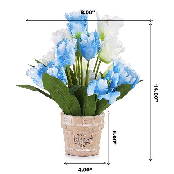 Enova Home Artificial Mixed Silk Blue Cream Tulips Fake Flowers Arrangement in Pot for Home Office Garden Decoration