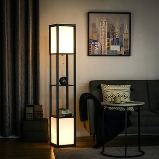 HOMCOM Floor Lamp with Shelves, Dual Light, Modern Tall Standing Lamps, with Fabric Lampshade (Bulb not Included)