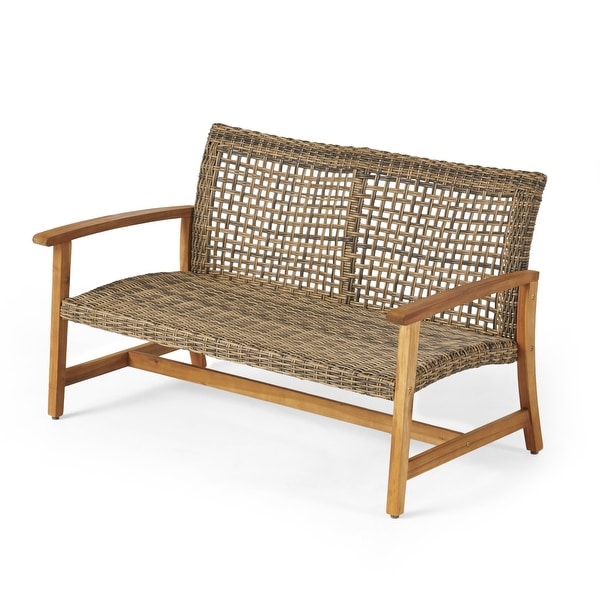Hampton Outdoor Wood and Wicker Loveseat by Christopher Knight Home