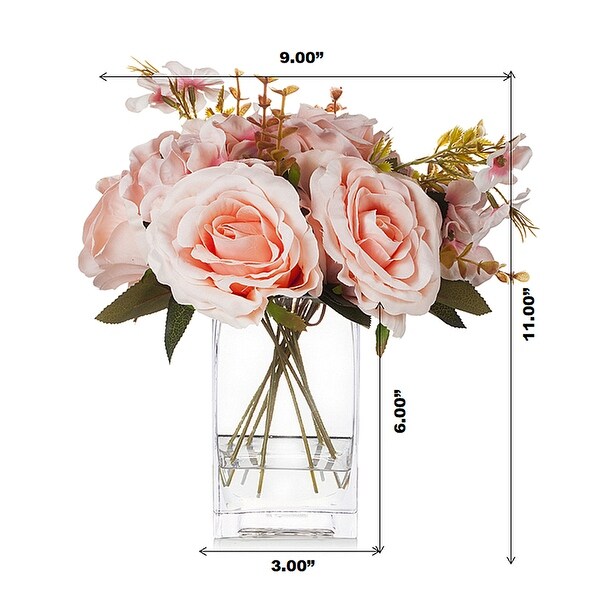 Enova Home Mixed Artificial Silk Roses Flowers Arrangement in Clear Glass Vase with Faux Water for Home Decór