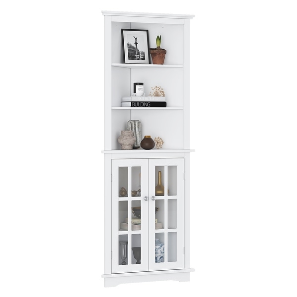 Spirich Home Bathroom Tall Corner Storage Cabinet, Floor Slim Display with Glass Doors and Adjustable Shelves White
