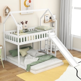 Twin over Full House Bunk Bed with Slide,Full-Length Guardrail