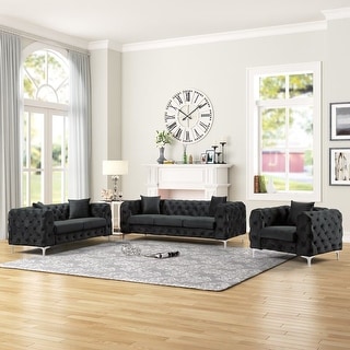 Morden Fort Contemporary Chair Loveseat and Sofa Set with Deep Button Tufting Dutch Velvet, Solid Wood Frame and Iron Legs