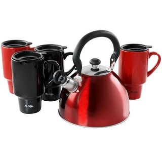 Mr. Coffee 9 Pc Whistling Tea Kettle and Travel Mug Set Red and Black