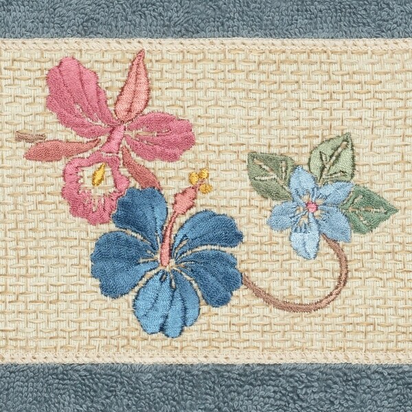 Authentic Hotel and Spa Turkish Cotton Floral Vine Embroidered Teal Blue Hand Towel