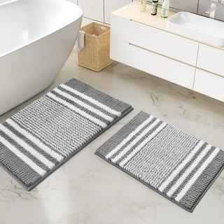 Extra Soft and Absorbent Fluffy Striped Chenille Bath Mat Rug Set,16" x 24" - 2' x 3' Oval
